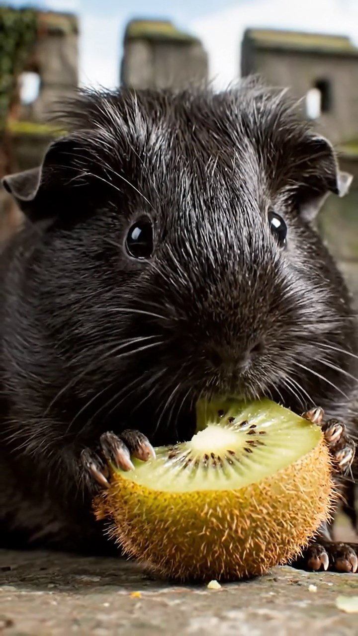 1274. Highly detailed view of 1 smooth-haired Silkie guinea pig with black fur, eating kiwi peels, on a overrun zombie fortress rampart with walkers below.