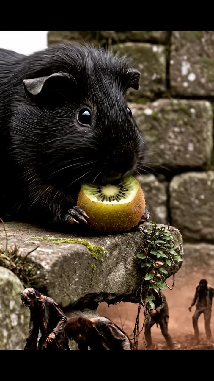 1274. Highly detailed view of 1 smooth-haired Silkie guinea pig with black fur, eating kiwi peels, on a overrun zombie fortress rampart with walkers below.