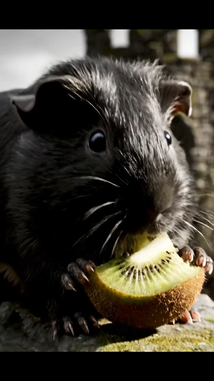 1274. Highly detailed view of 1 smooth-haired Silkie guinea pig with black fur, eating kiwi peels, on a overrun zombie fortress rampart with walkers below.
