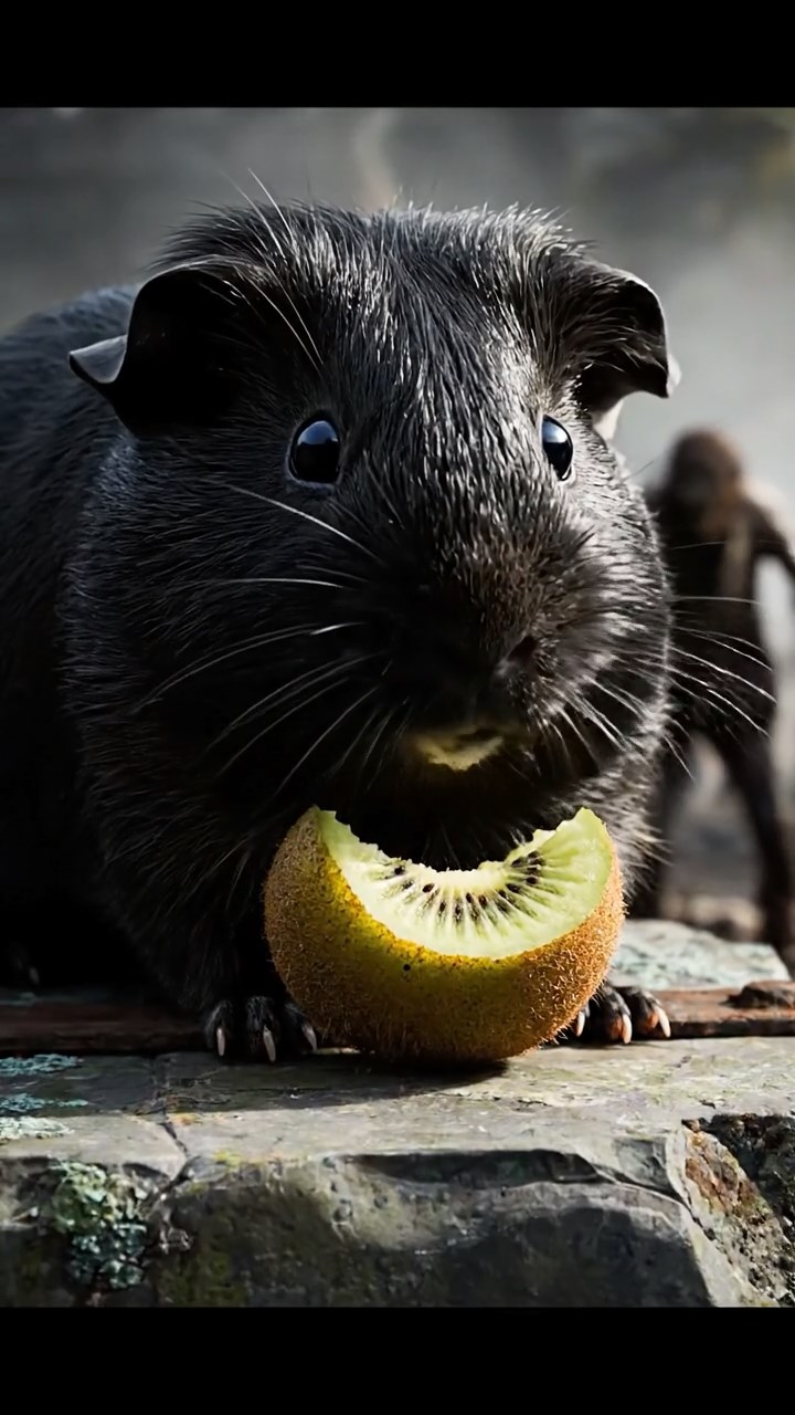 1274. Highly detailed view of 1 smooth-haired Silkie guinea pig with black fur, eating kiwi peels, on a overrun zombie fortress rampart with walkers below.