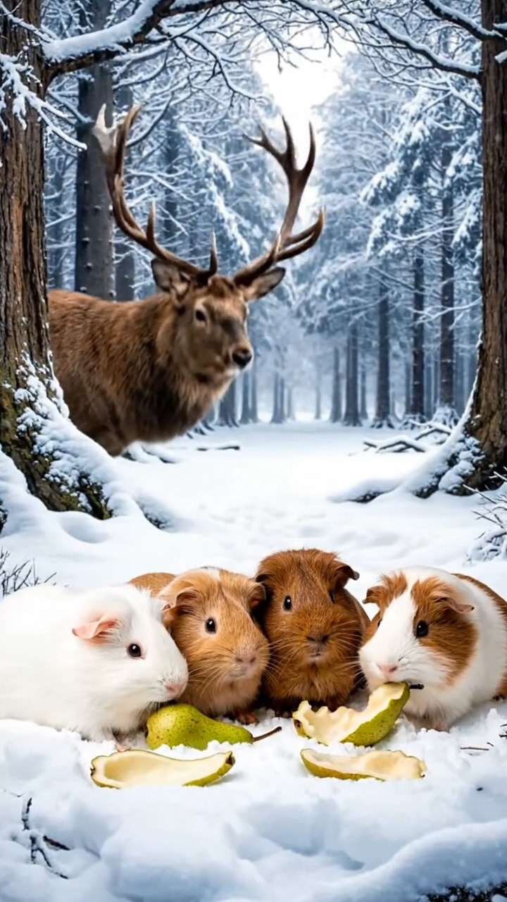 1275. Photorealistic scene of 5 smooth-haired Teddy guinea pigs in brown, cream, and fawn colors, nibbling on pear skins, in a snowy Narnia forest clearing with talking animals.