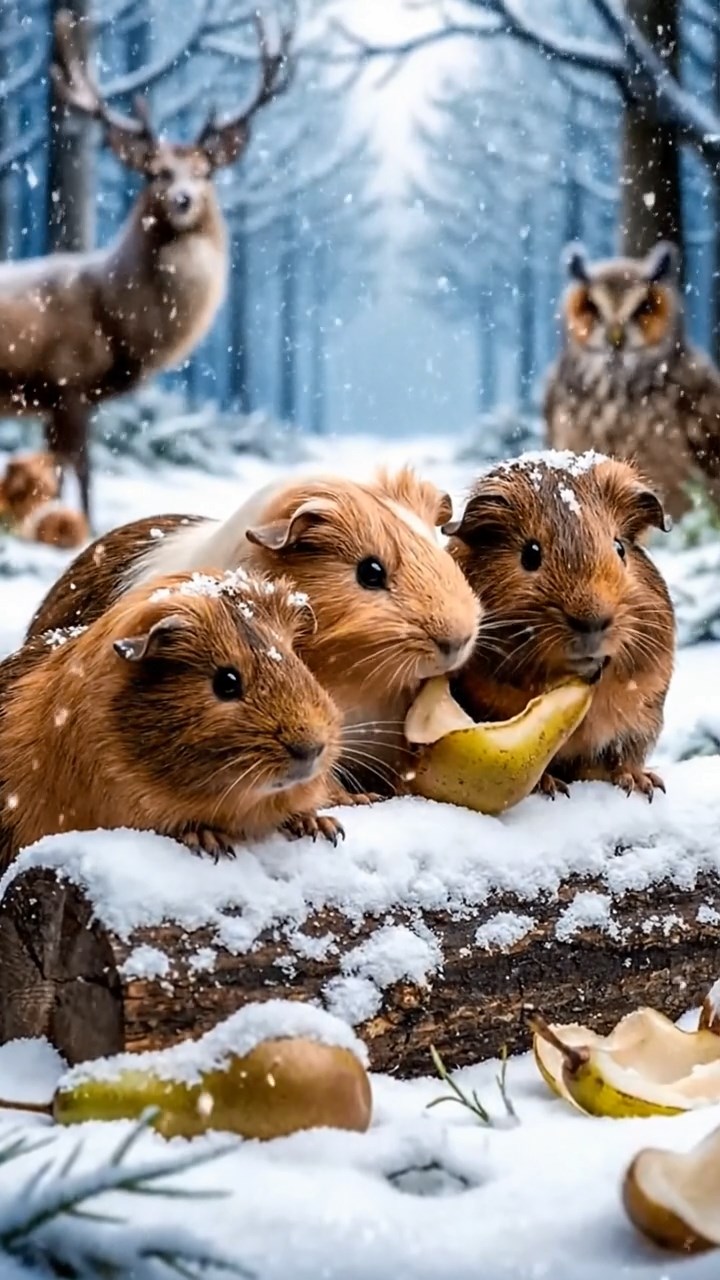 1275. Photorealistic scene of 5 smooth-haired Teddy guinea pigs in brown, cream, and fawn colors, nibbling on pear skins, in a snowy Narnia forest clearing with talking animals.