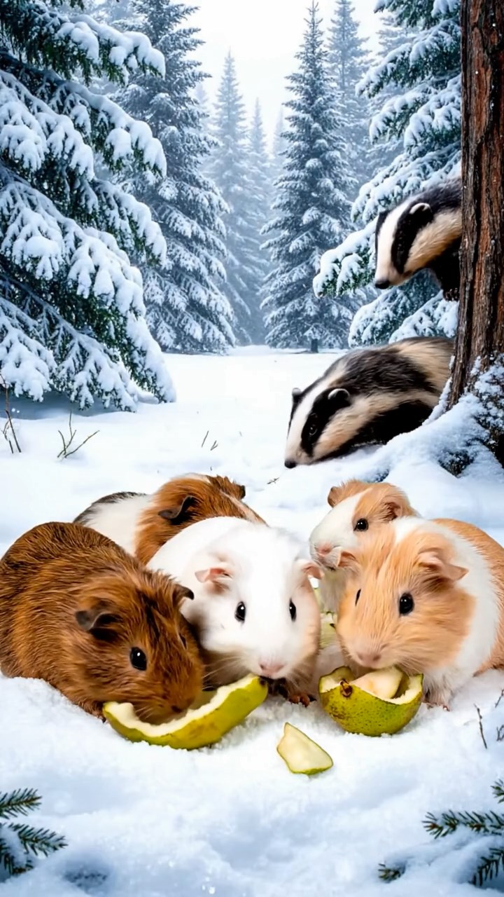 1275. Photorealistic scene of 5 smooth-haired Teddy guinea pigs in brown, cream, and fawn colors, nibbling on pear skins, in a snowy Narnia forest clearing with talking animals.