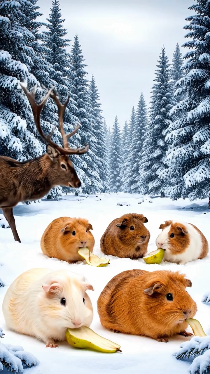 1275. Photorealistic scene of 5 smooth-haired Teddy guinea pigs in brown, cream, and fawn colors, nibbling on pear skins, in a snowy Narnia forest clearing with talking animals.