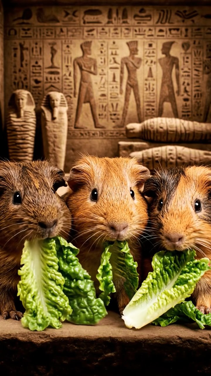 1276. Realistic depiction of 4 smooth-haired Texel guinea pigs with chocolate, cinnamon, and sable fur, chewing on romaine salads, inside a Egyptian pharaoh's burial chamber with mummies.
