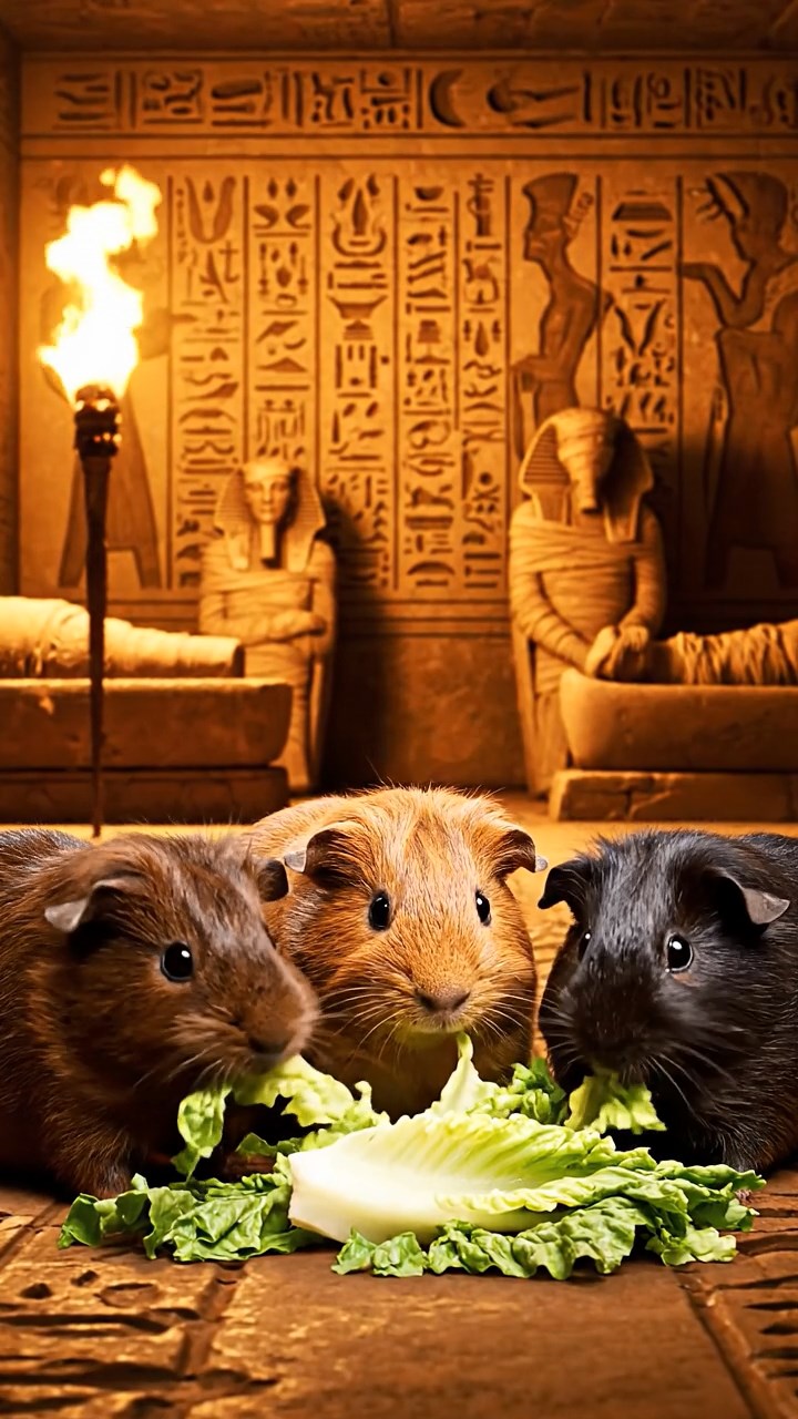 1276. Realistic depiction of 4 smooth-haired Texel guinea pigs with chocolate, cinnamon, and sable fur, chewing on romaine salads, inside a Egyptian pharaoh's burial chamber with mummies.