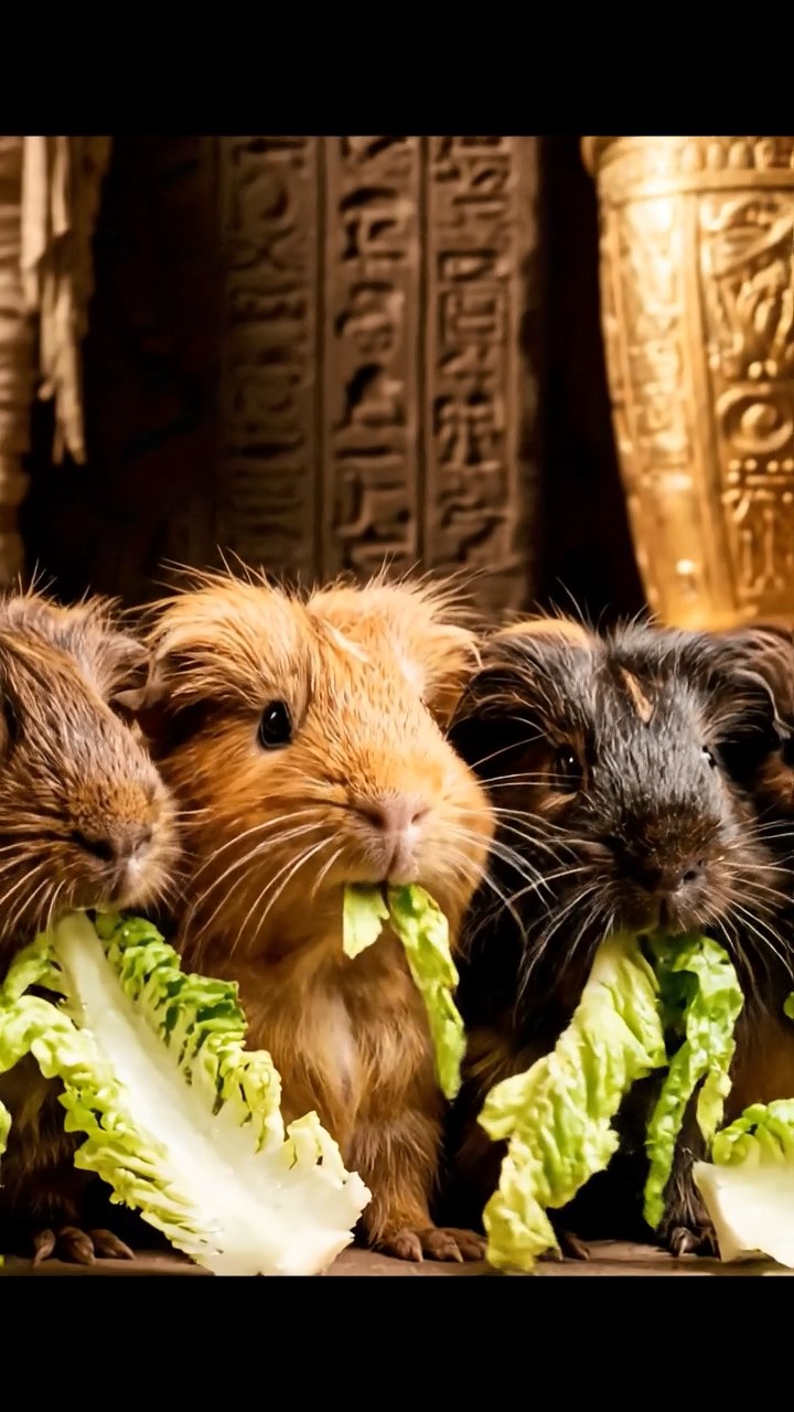 1276. Realistic depiction of 4 smooth-haired Texel guinea pigs with chocolate, cinnamon, and sable fur, chewing on romaine salads, inside a Egyptian pharaoh's burial chamber with mummies.