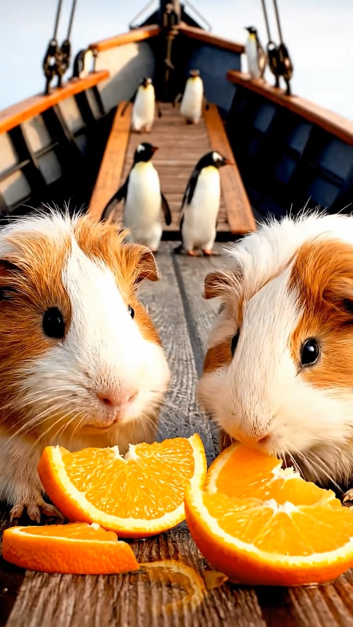 1277. Detailed photo of 2 smooth-haired Rex guinea pigs featuring white and orange coats, sharing orange slices, on a Antarctic expedition ship deck with penguins boarding.