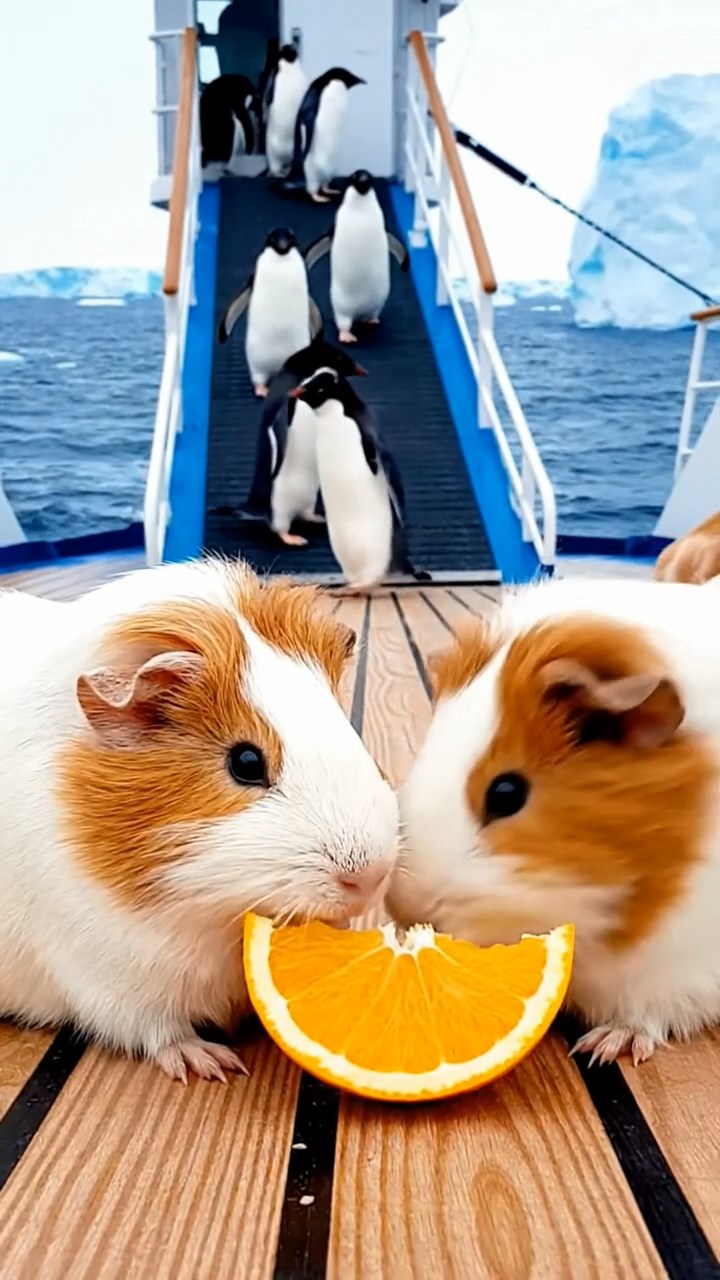 1277. Detailed photo of 2 smooth-haired Rex guinea pigs featuring white and orange coats, sharing orange slices, on a Antarctic expedition ship deck with penguins boarding.