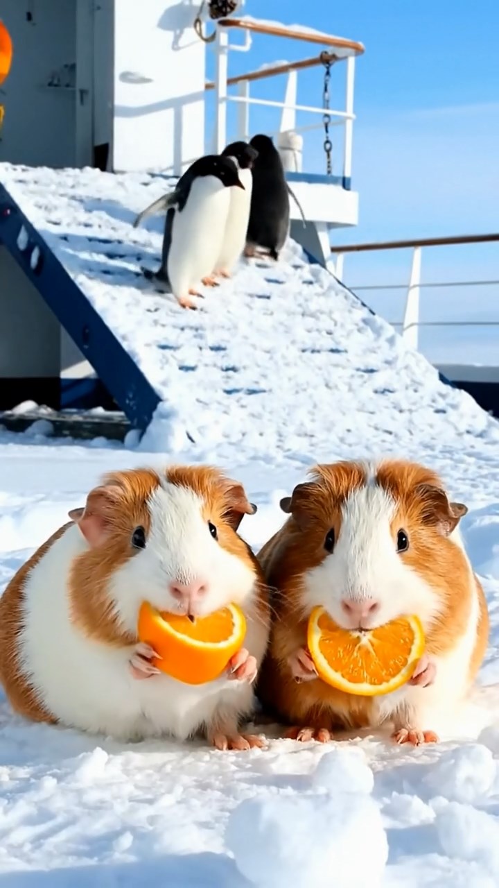 1277. Detailed photo of 2 smooth-haired Rex guinea pigs featuring white and orange coats, sharing orange slices, on a Antarctic expedition ship deck with penguins boarding.