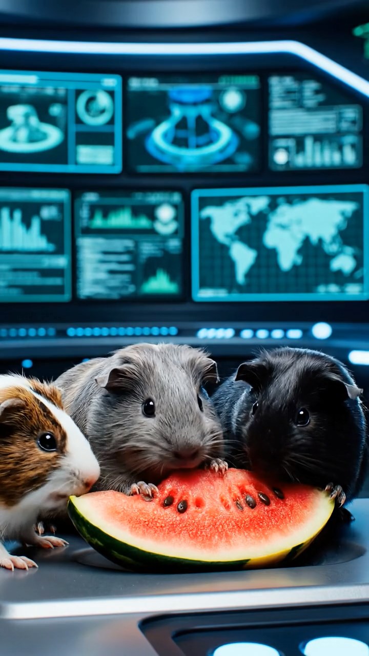 1278. Photorealistic image of 3 smooth-haired Coronet guinea pigs with gray, black, and brown fur, munching on watermelon chunks, in a comic book hero's secret base with monitors.