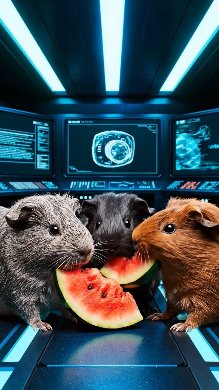 1278. Photorealistic image of 3 smooth-haired Coronet guinea pigs with gray, black, and brown fur, munching on watermelon chunks, in a comic book hero's secret base with monitors.