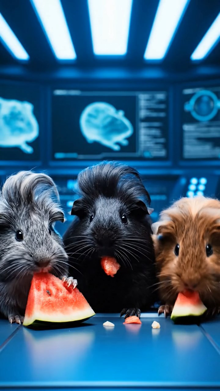 1278. Photorealistic image of 3 smooth-haired Coronet guinea pigs with gray, black, and brown fur, munching on watermelon chunks, in a comic book hero's secret base with monitors.