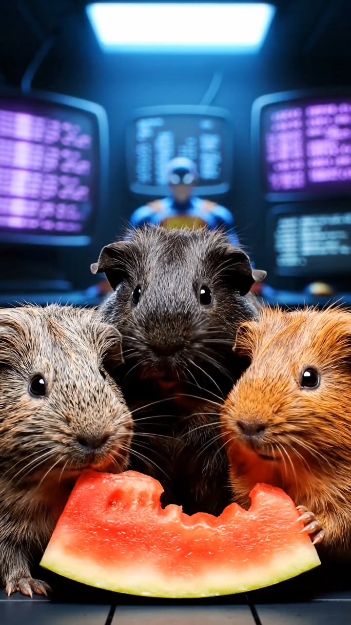 1278. Photorealistic image of 3 smooth-haired Coronet guinea pigs with gray, black, and brown fur, munching on watermelon chunks, in a comic book hero's secret base with monitors.