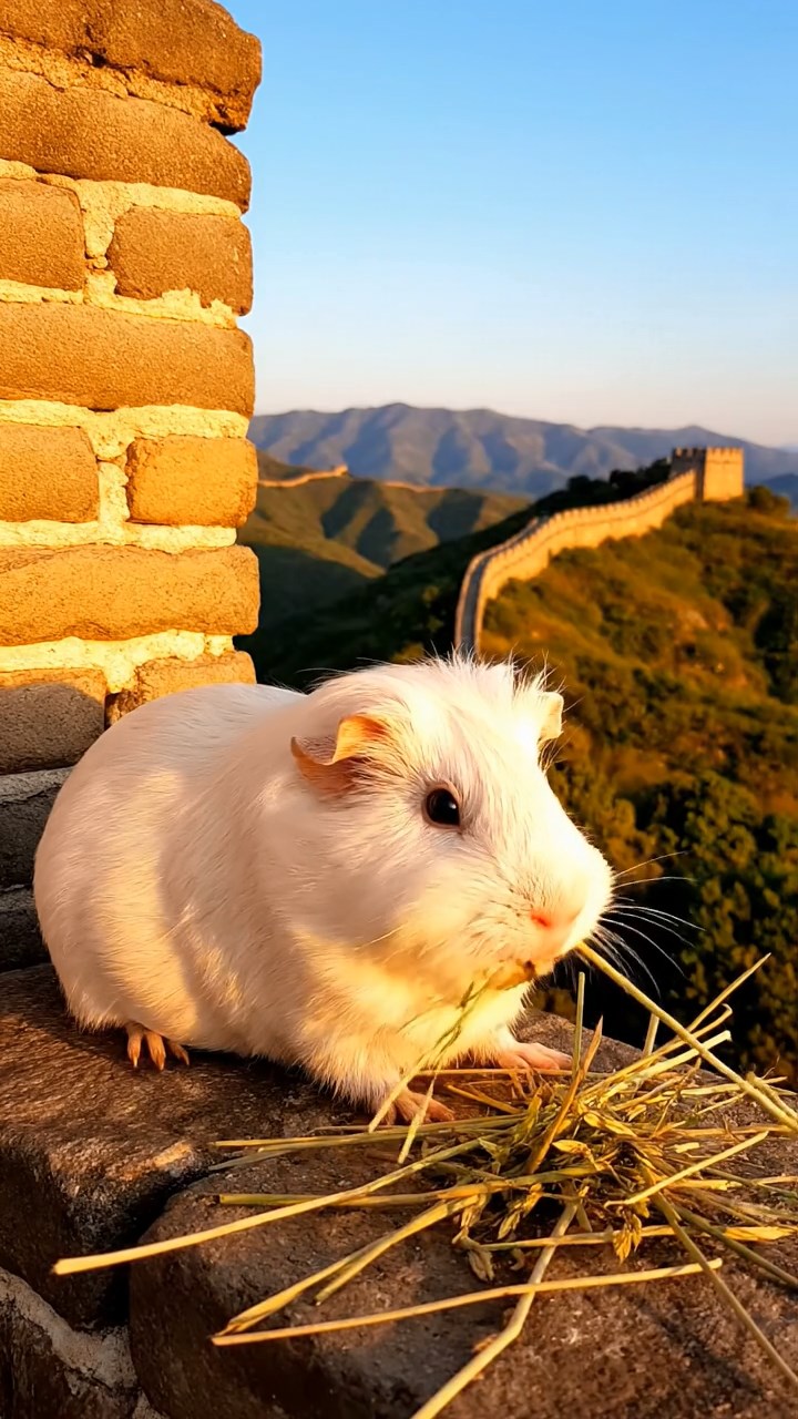 1279. Realistic scene of 1 smooth-haired White Crested guinea pig with cream fur, eating timothy hay, along a Great Wall watchtower with rolling hills.