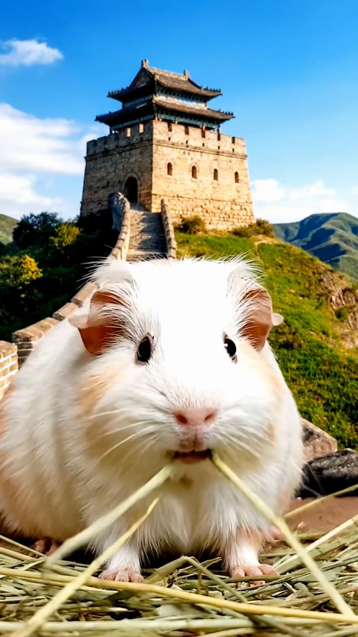 1279. Realistic scene of 1 smooth-haired White Crested guinea pig with cream fur, eating timothy hay, along a Great Wall watchtower with rolling hills.