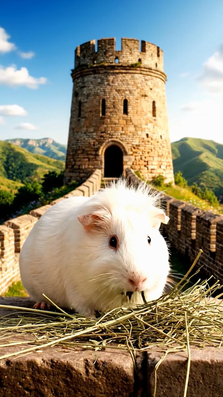 1279. Realistic scene of 1 smooth-haired White Crested guinea pig with cream fur, eating timothy hay, along a Great Wall watchtower with rolling hills.