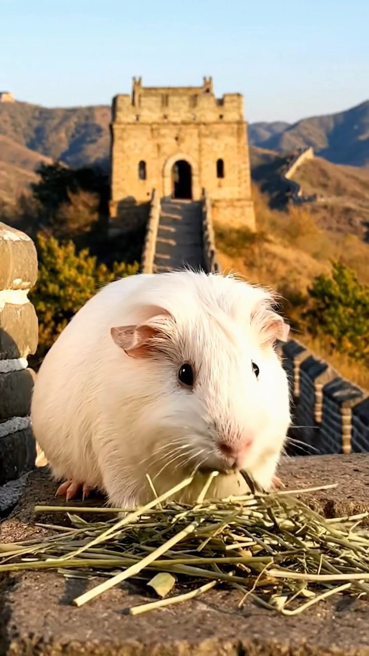 1279. Realistic scene of 1 smooth-haired White Crested guinea pig with cream fur, eating timothy hay, along a Great Wall watchtower with rolling hills.