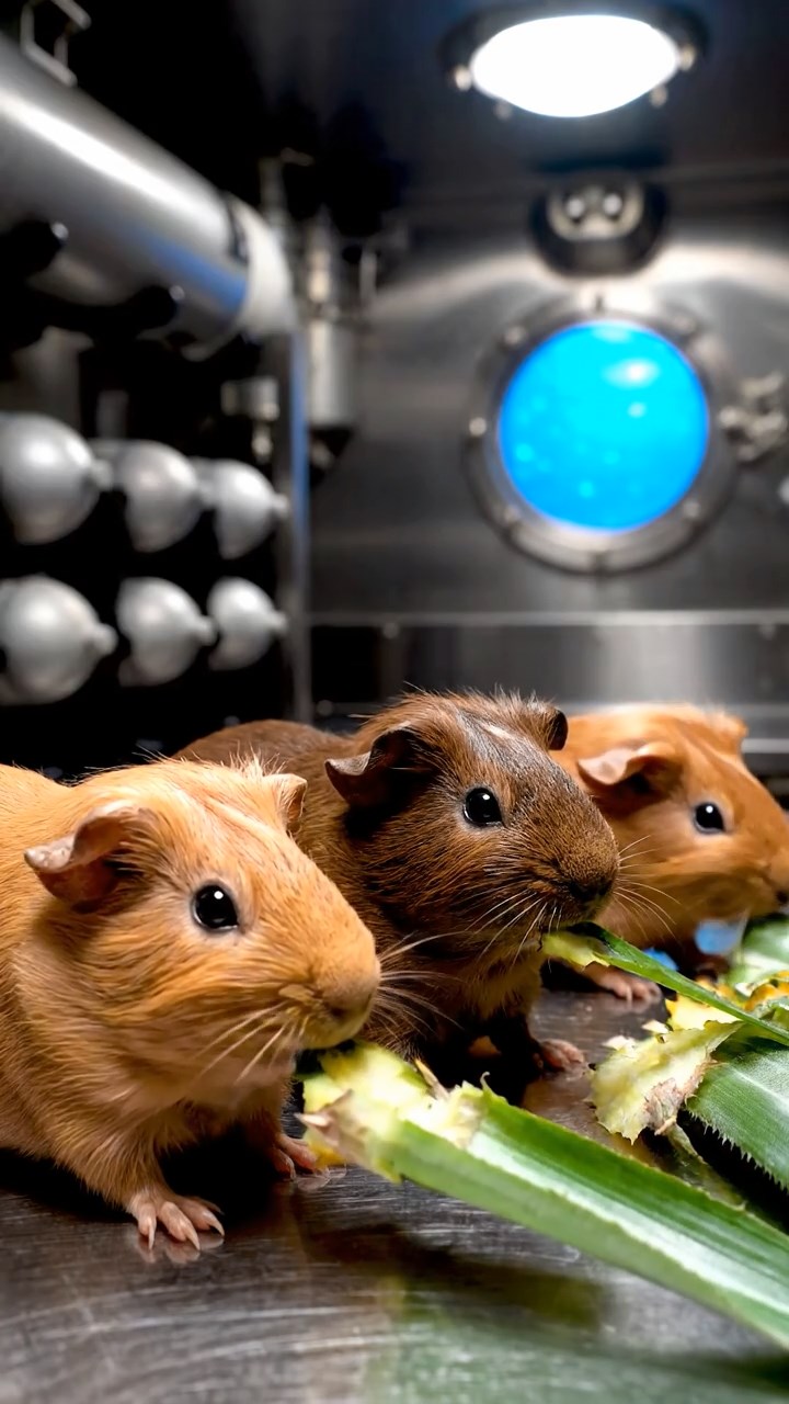1280. Highly detailed view of 4 smooth-haired Skinny guinea pigs in fawn, chocolate, and cinnamon colors, nibbling on pineapple leaves, inside a submarine galley kitchen with torpedoes.