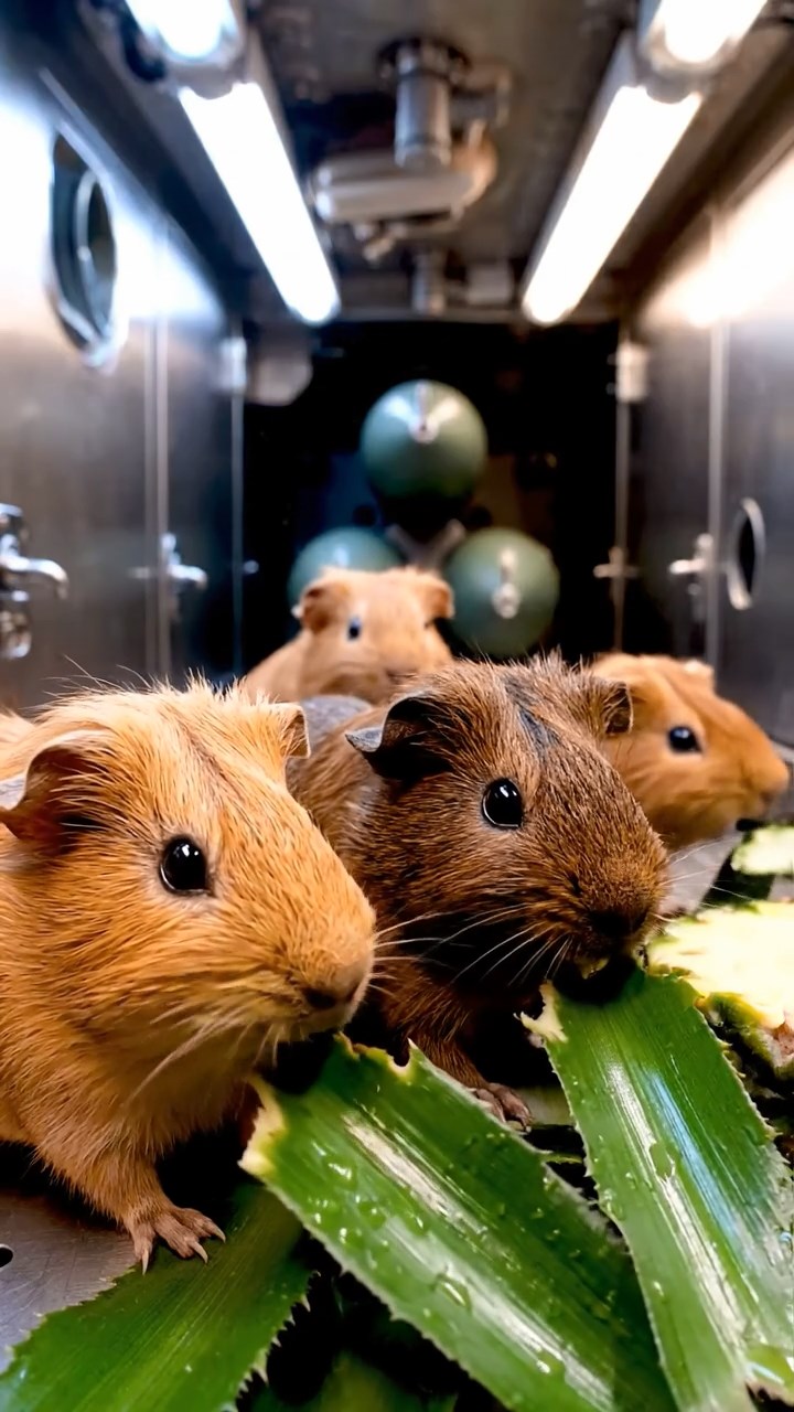 1280. Highly detailed view of 4 smooth-haired Skinny guinea pigs in fawn, chocolate, and cinnamon colors, nibbling on pineapple leaves, inside a submarine galley kitchen with torpedoes.
