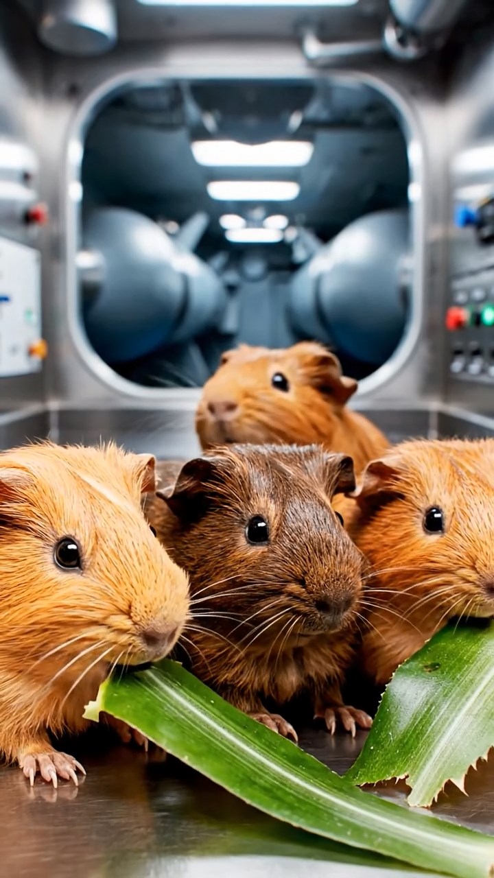 1280. Highly detailed view of 4 smooth-haired Skinny guinea pigs in fawn, chocolate, and cinnamon colors, nibbling on pineapple leaves, inside a submarine galley kitchen with torpedoes.