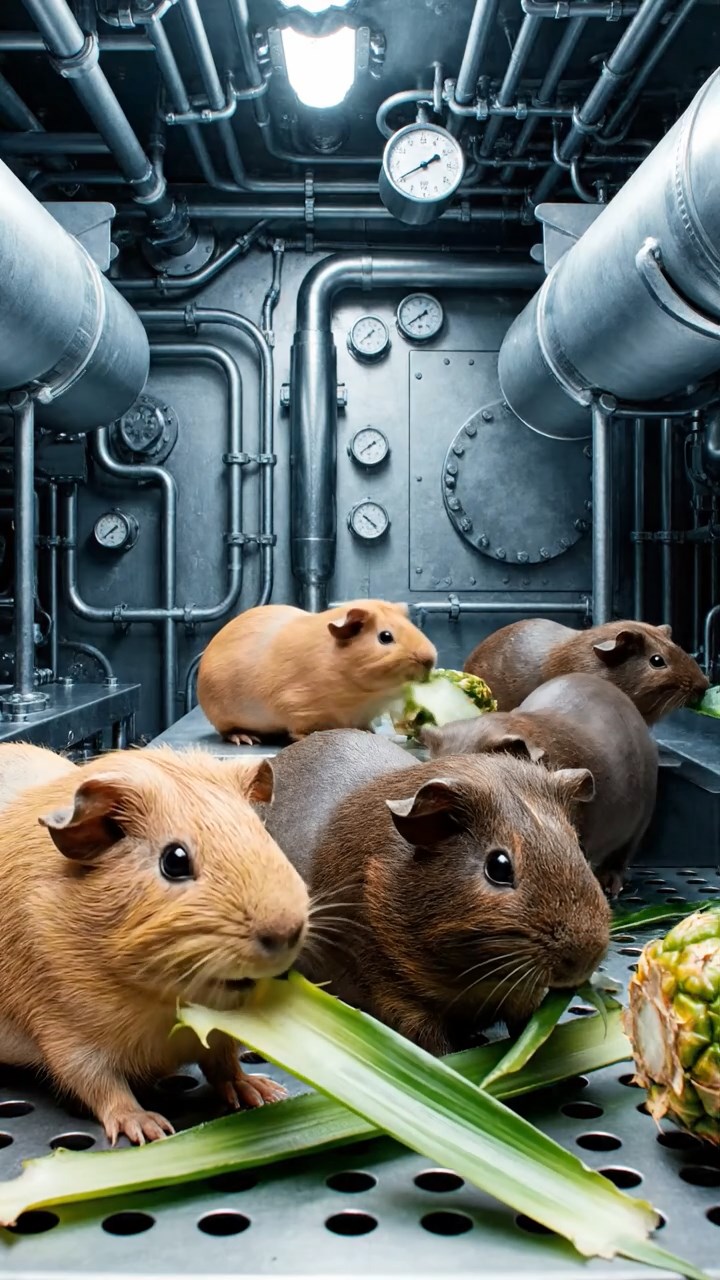 1280. Highly detailed view of 4 smooth-haired Skinny guinea pigs in fawn, chocolate, and cinnamon colors, nibbling on pineapple leaves, inside a submarine galley kitchen with torpedoes.