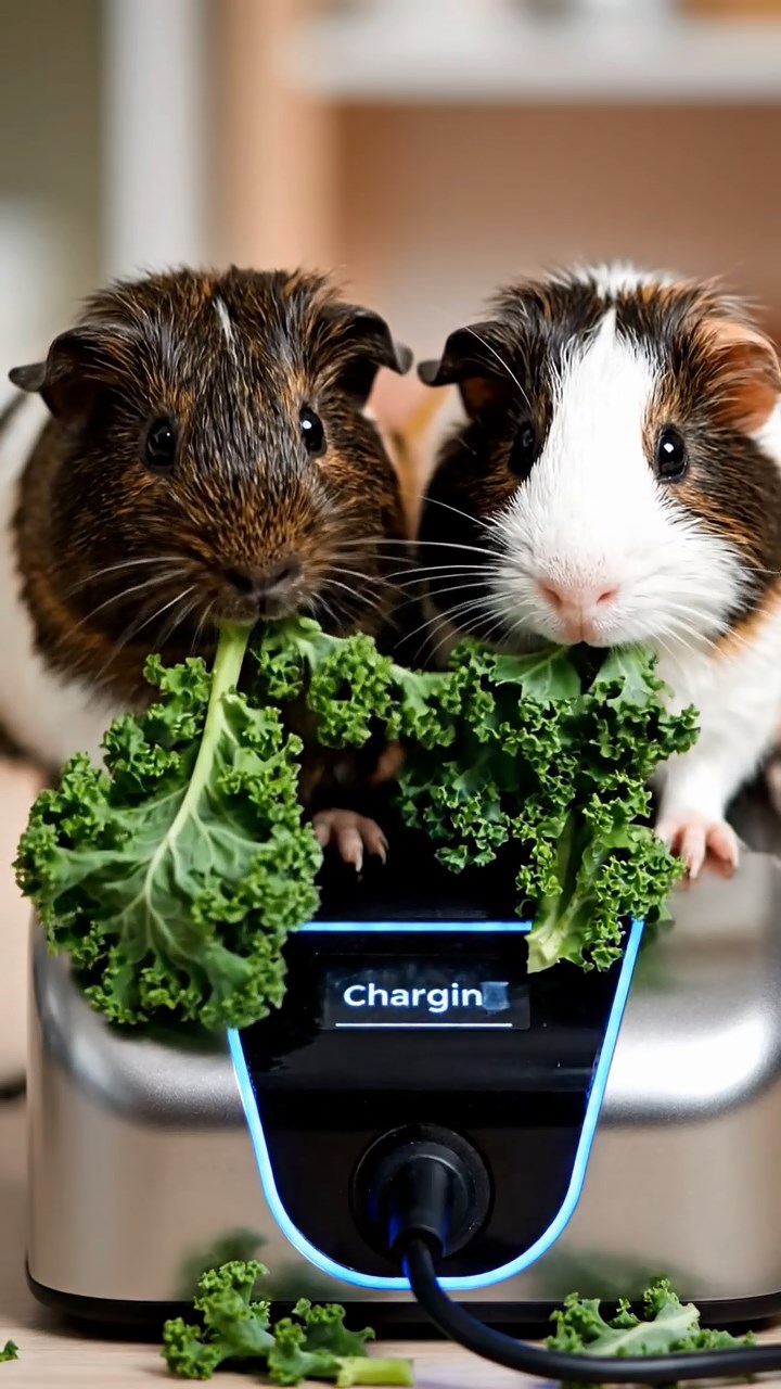 1281. Photorealistic photo of 2 smooth-haired American guinea pigs with sable and white fur, chewing on kale bunches, on a electric race car charging station.