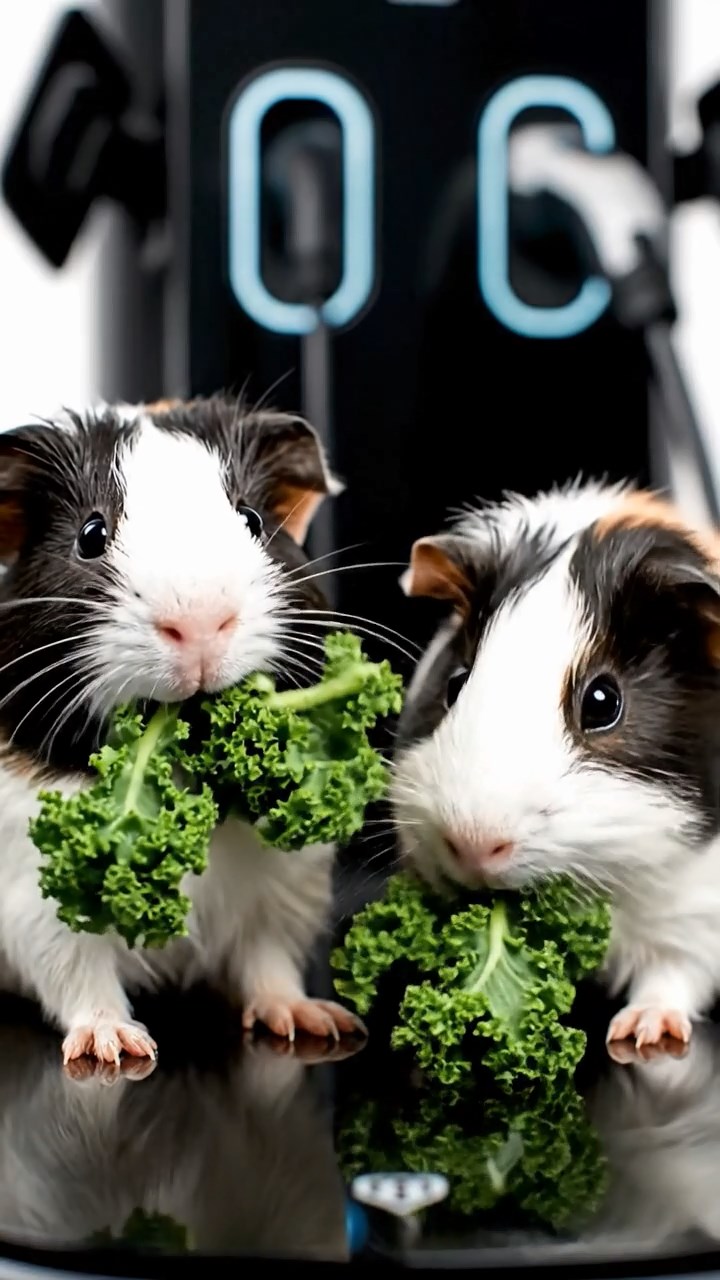 1281. Photorealistic photo of 2 smooth-haired American guinea pigs with sable and white fur, chewing on kale bunches, on a electric race car charging station.
