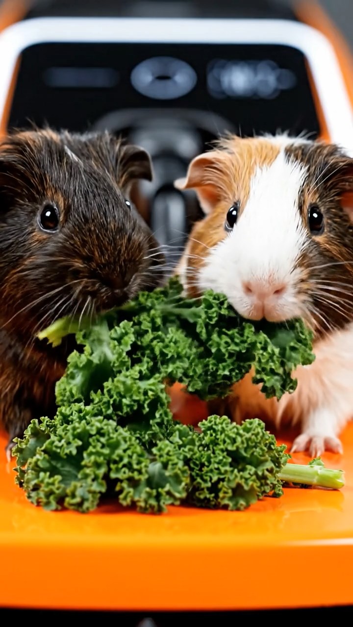 1281. Photorealistic photo of 2 smooth-haired American guinea pigs with sable and white fur, chewing on kale bunches, on a electric race car charging station.
