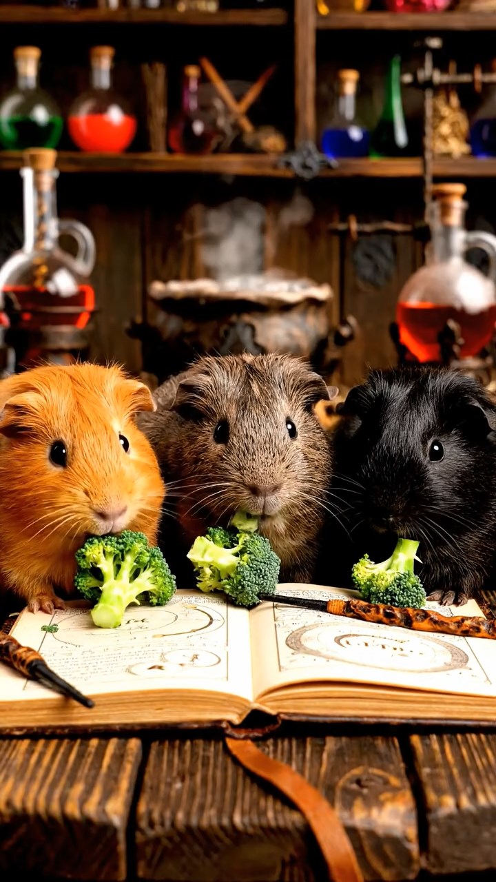 1282. Realistic depiction of 3 smooth-haired Abyssinian guinea pigs featuring orange, gray, and black coats, sharing broccoli heads, in a Hogwarts potion brewing class with wands.