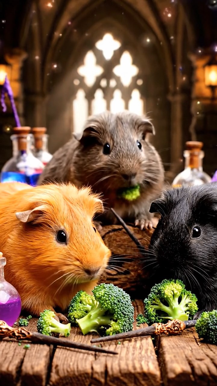 1282. Realistic depiction of 3 smooth-haired Abyssinian guinea pigs featuring orange, gray, and black coats, sharing broccoli heads, in a Hogwarts potion brewing class with wands.