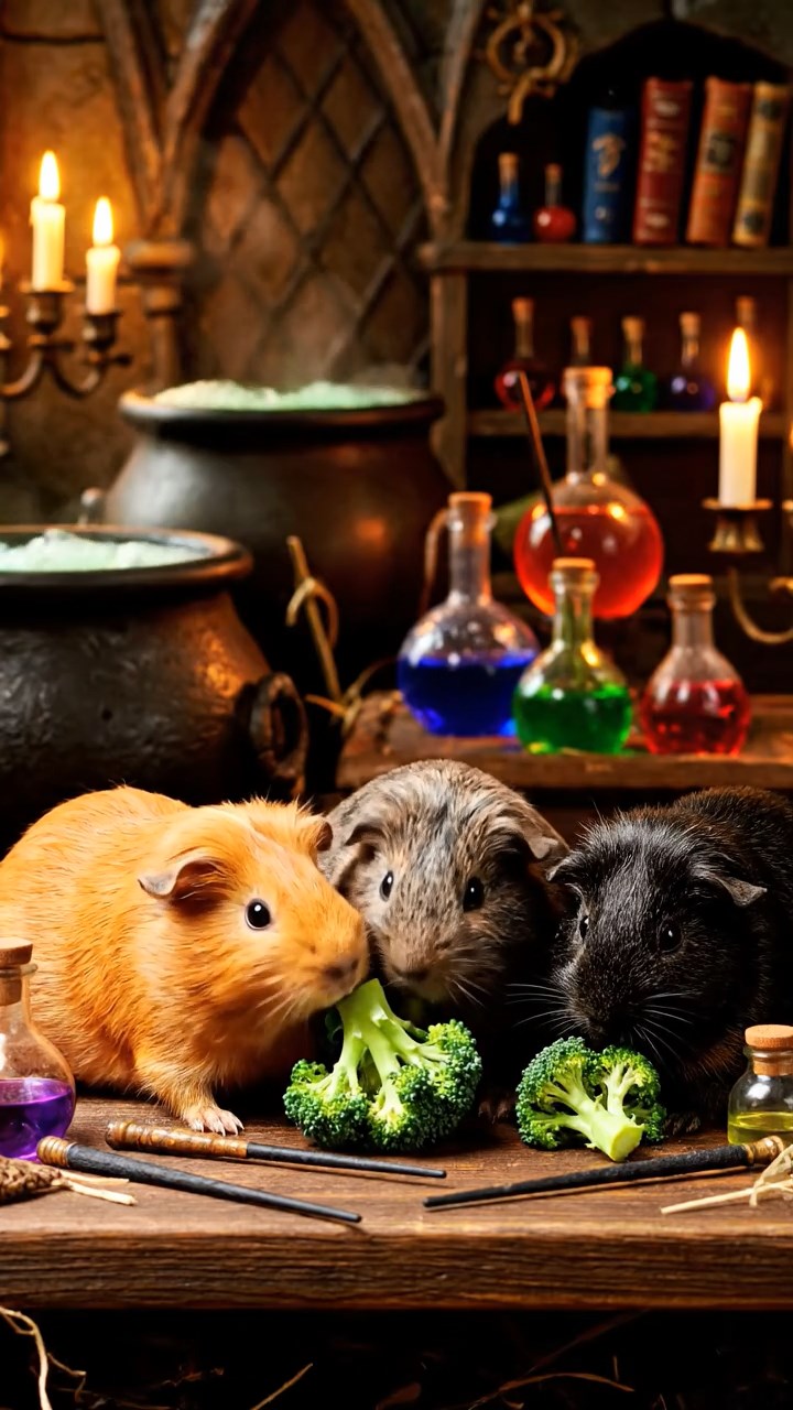 1282. Realistic depiction of 3 smooth-haired Abyssinian guinea pigs featuring orange, gray, and black coats, sharing broccoli heads, in a Hogwarts potion brewing class with wands.
