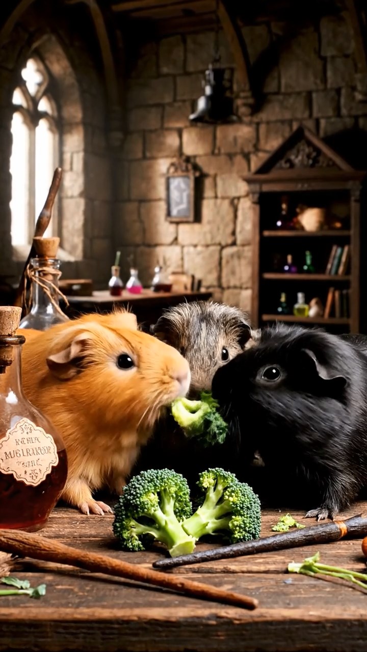 1282. Realistic depiction of 3 smooth-haired Abyssinian guinea pigs featuring orange, gray, and black coats, sharing broccoli heads, in a Hogwarts potion brewing class with wands.