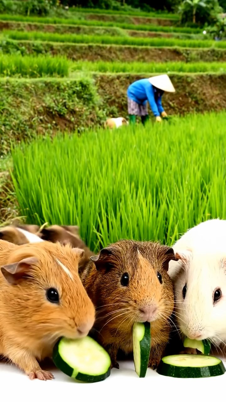 1283. Detailed image of 5 smooth-haired Peruvian guinea pigs with brown, cream, and fawn fur, munching on zucchini slices, on a terraced Bali paddy field with rice workers.
