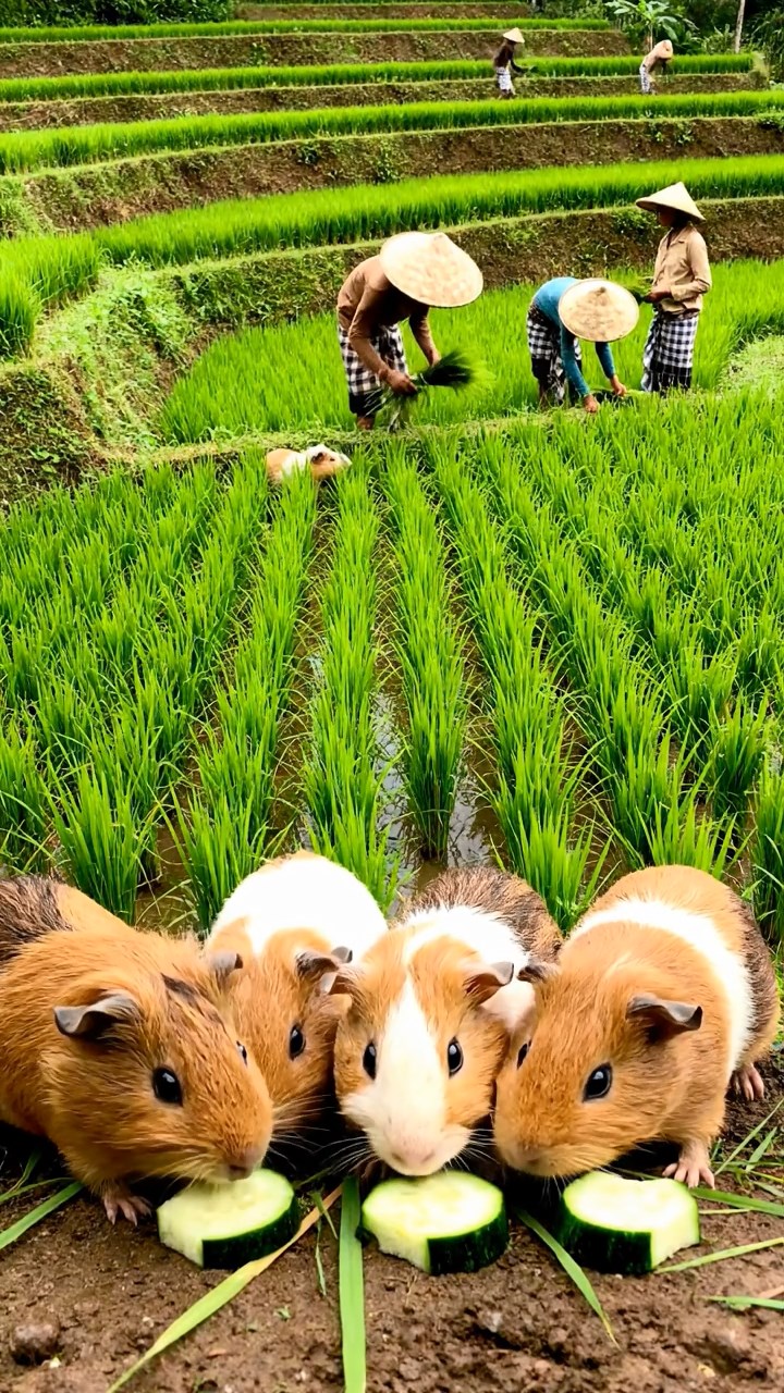 1283. Detailed image of 5 smooth-haired Peruvian guinea pigs with brown, cream, and fawn fur, munching on zucchini slices, on a terraced Bali paddy field with rice workers.