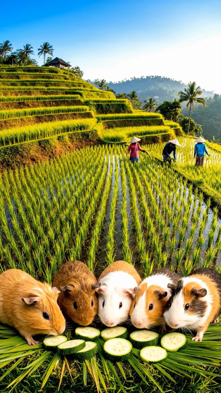 1283. Detailed image of 5 smooth-haired Peruvian guinea pigs with brown, cream, and fawn fur, munching on zucchini slices, on a terraced Bali paddy field with rice workers.