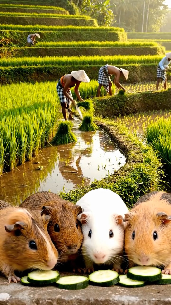 1283. Detailed image of 5 smooth-haired Peruvian guinea pigs with brown, cream, and fawn fur, munching on zucchini slices, on a terraced Bali paddy field with rice workers.