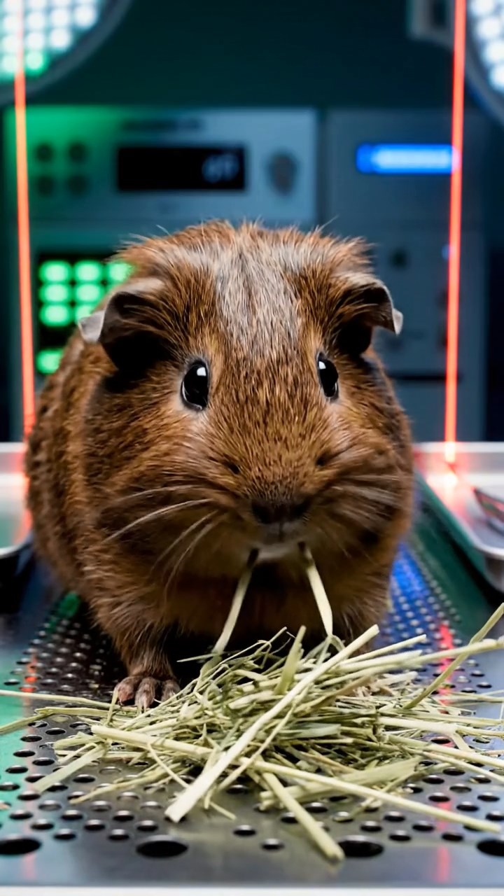 1284. Photorealistic scene of 1 smooth-haired Silkie guinea pig with chocolate fur, eating alfalfa hay, in a cybernetic implant surgery room with lasers.