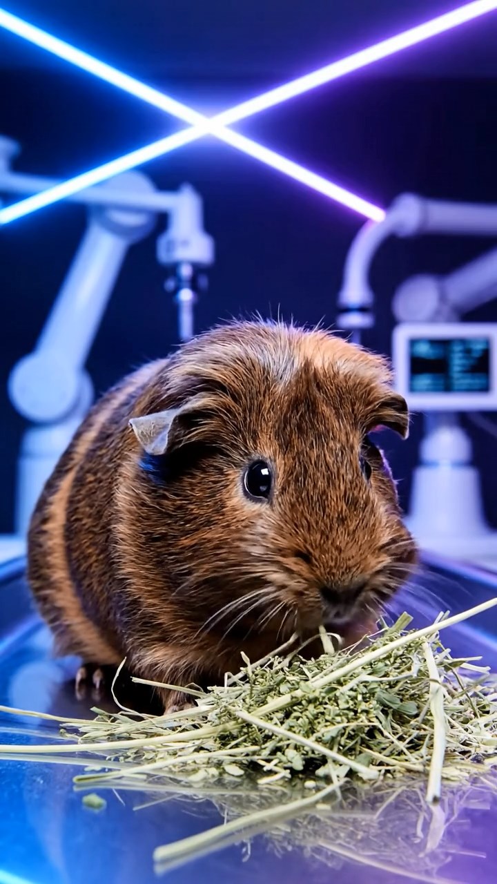 1284. Photorealistic scene of 1 smooth-haired Silkie guinea pig with chocolate fur, eating alfalfa hay, in a cybernetic implant surgery room with lasers.