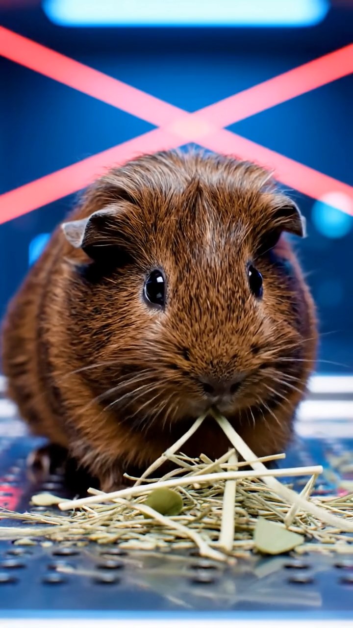 1284. Photorealistic scene of 1 smooth-haired Silkie guinea pig with chocolate fur, eating alfalfa hay, in a cybernetic implant surgery room with lasers.