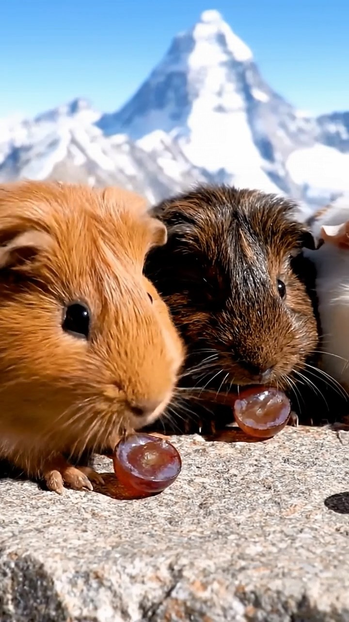 1285. Realistic photo of 4 smooth-haired Teddy guinea pigs in cinnamon, sable, and white colors, nibbling on grape halves, atop a Himalayan peak with thin air and views.