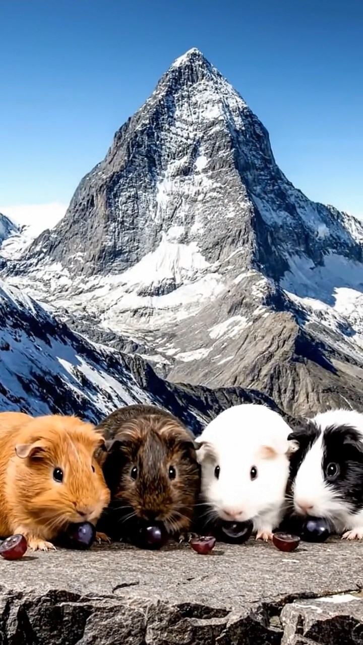 1285. Realistic photo of 4 smooth-haired Teddy guinea pigs in cinnamon, sable, and white colors, nibbling on grape halves, atop a Himalayan peak with thin air and views.