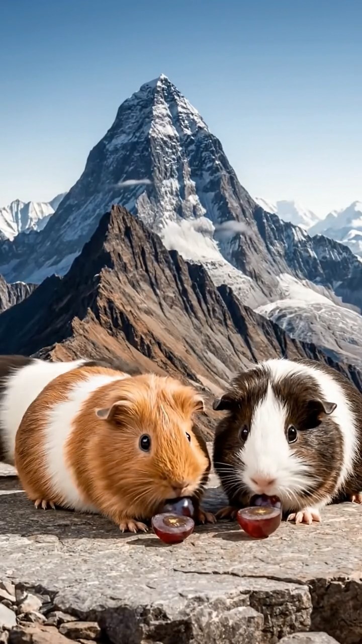 1285. Realistic photo of 4 smooth-haired Teddy guinea pigs in cinnamon, sable, and white colors, nibbling on grape halves, atop a Himalayan peak with thin air and views.