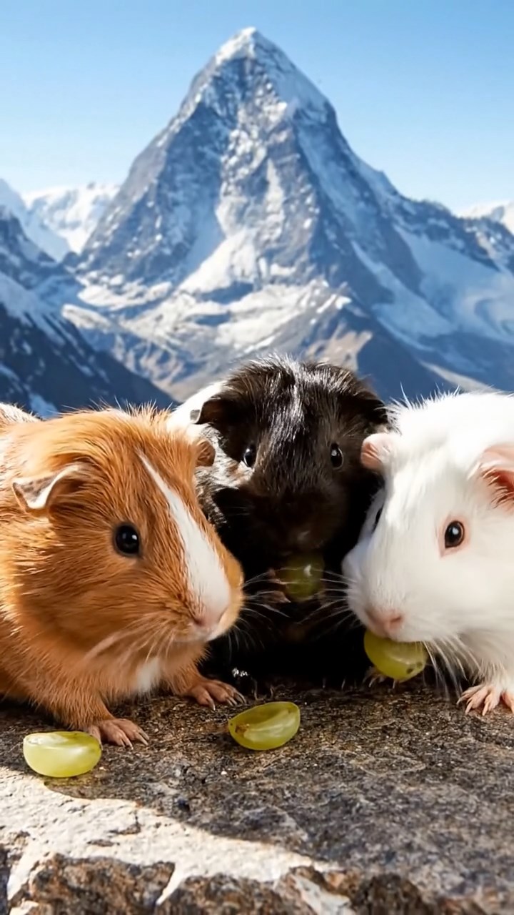 1285. Realistic photo of 4 smooth-haired Teddy guinea pigs in cinnamon, sable, and white colors, nibbling on grape halves, atop a Himalayan peak with thin air and views.
