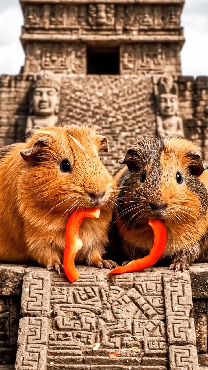 1286. Highly detailed view of 2 smooth-haired Texel guinea pigs with orange and gray fur, chewing on bell pepper strips, in a Aztec sacrificial pyramid top with stone idols.