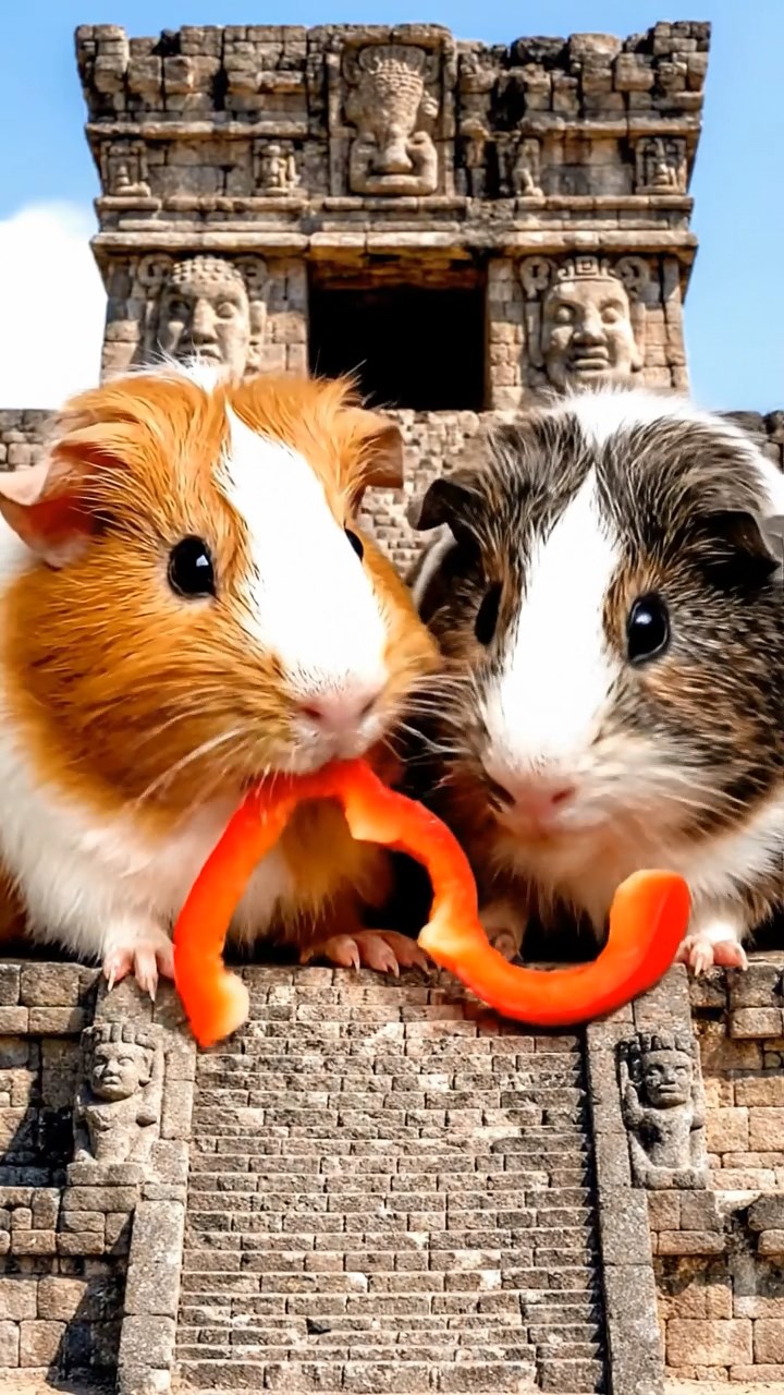 1286. Highly detailed view of 2 smooth-haired Texel guinea pigs with orange and gray fur, chewing on bell pepper strips, in a Aztec sacrificial pyramid top with stone idols.