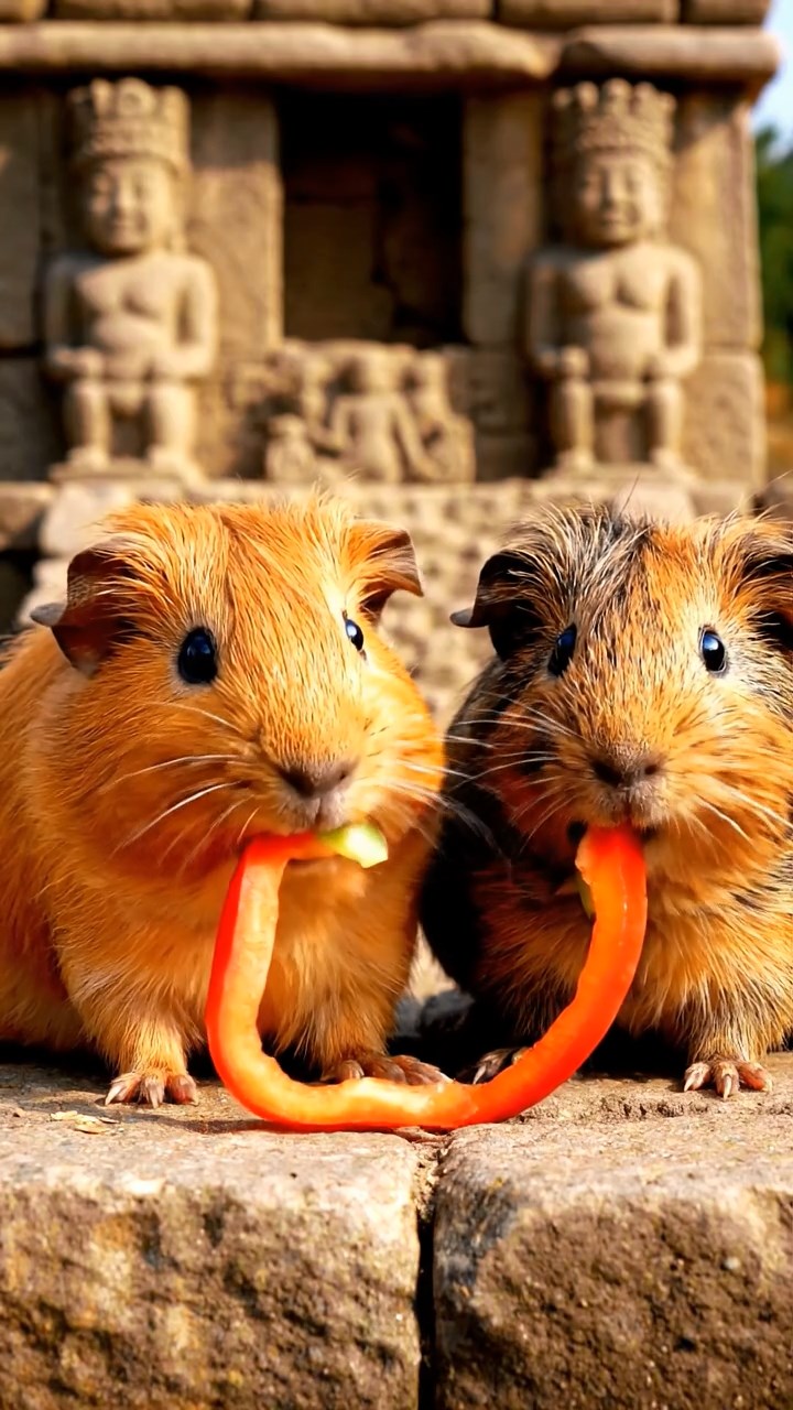 1286. Highly detailed view of 2 smooth-haired Texel guinea pigs with orange and gray fur, chewing on bell pepper strips, in a Aztec sacrificial pyramid top with stone idols.