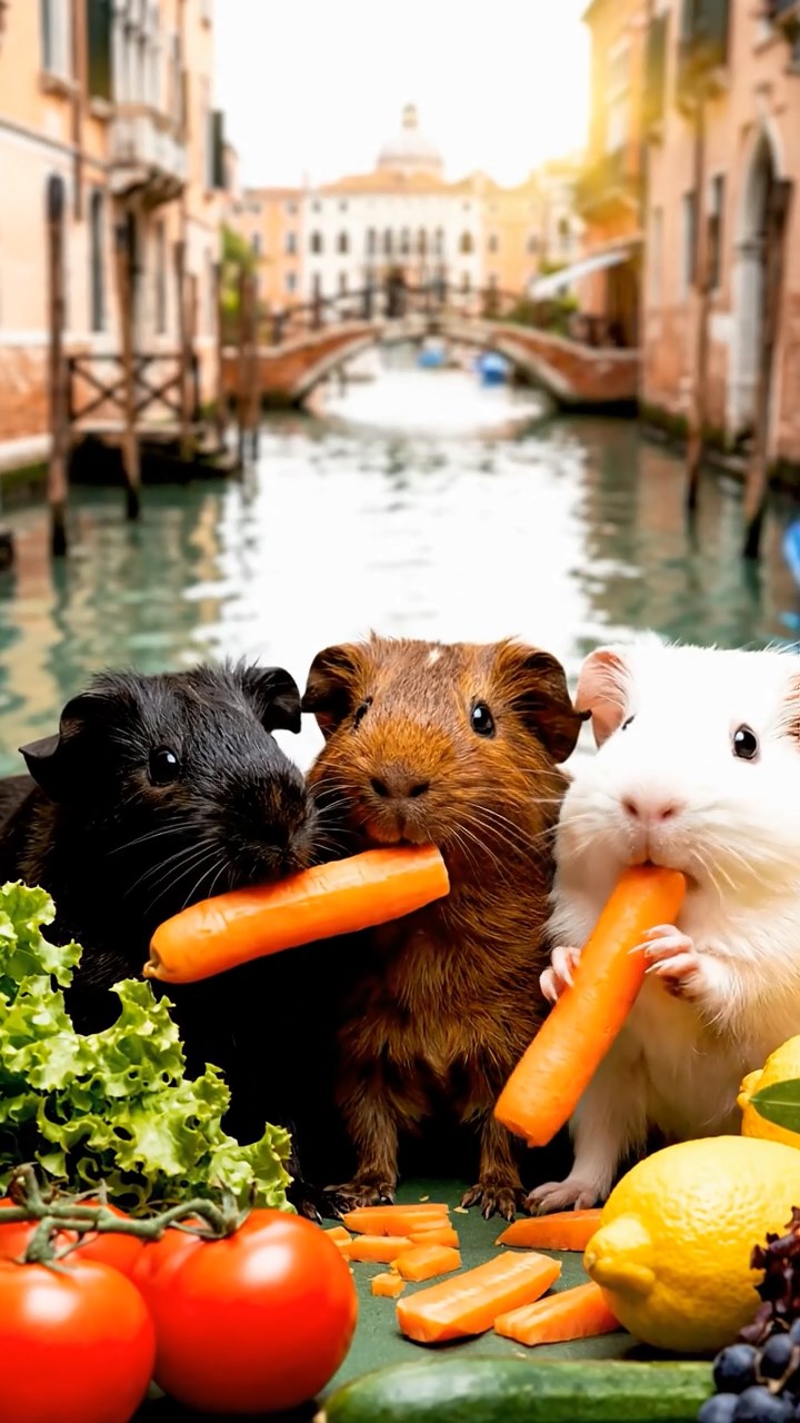 1287. Photorealistic image of 3 smooth-haired Rex guinea pigs featuring black, brown, and cream coats, sharing carrot sticks, on a floating Venice produce market stall.