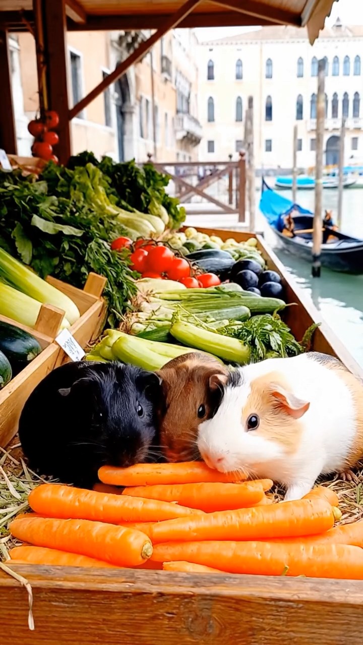 1287. Photorealistic image of 3 smooth-haired Rex guinea pigs featuring black, brown, and cream coats, sharing carrot sticks, on a floating Venice produce market stall.