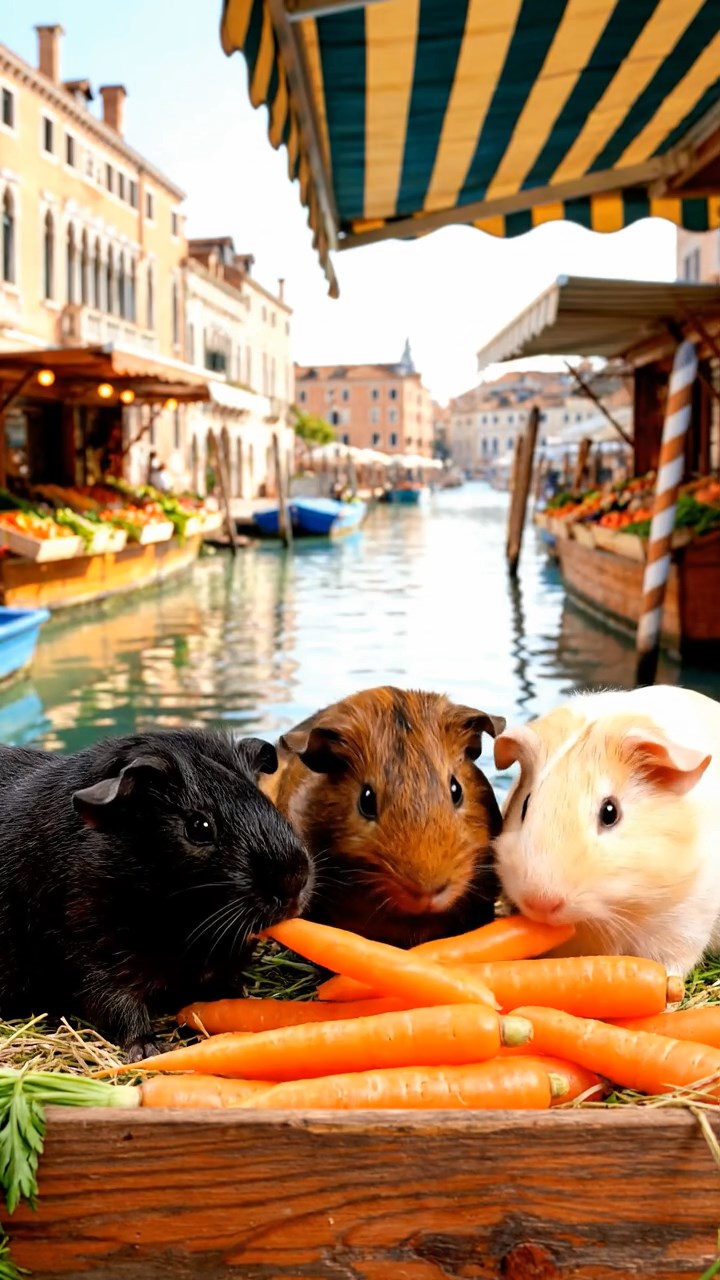 1287. Photorealistic image of 3 smooth-haired Rex guinea pigs featuring black, brown, and cream coats, sharing carrot sticks, on a floating Venice produce market stall.